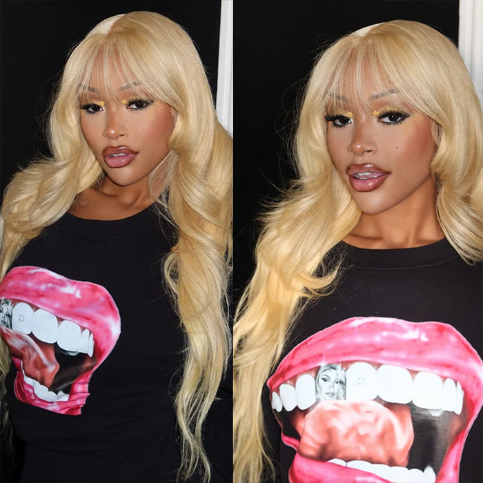 Blonde Color Body Wave Wig with Air Bangs Pre Cut 8x5 HD Lace Human Hair Glueless Wigs For Beginner