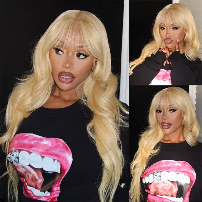 Blonde Color Body Wave Wig with Air Bangs Pre Cut 8x5 HD Lace Human Hair Glueless Wigs For Beginner