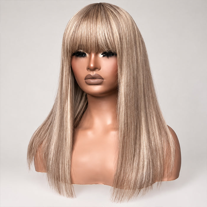 Ash Blonde Highlight Straight Wig with Bangs 13x4 HD Lace Frontal Glueless Human Hair Wigs