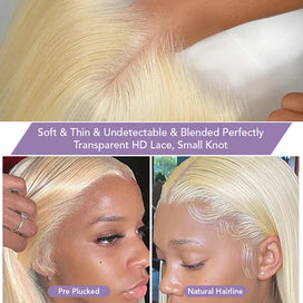 613 Blonde Straight Pull And Go Drawstring 13x6 HD Lace Front Human Hair Wigs Pre Plucked