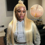 #613 Blonde Glueless Pull Go Drawstring Wigs Silky Straight 13x6 Full Lace Front Wig
