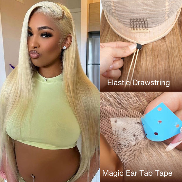 #613 Blonde Glueless Pull Go Drawstring Wigs Silky Straight 13x6 Full Lace Front Wig