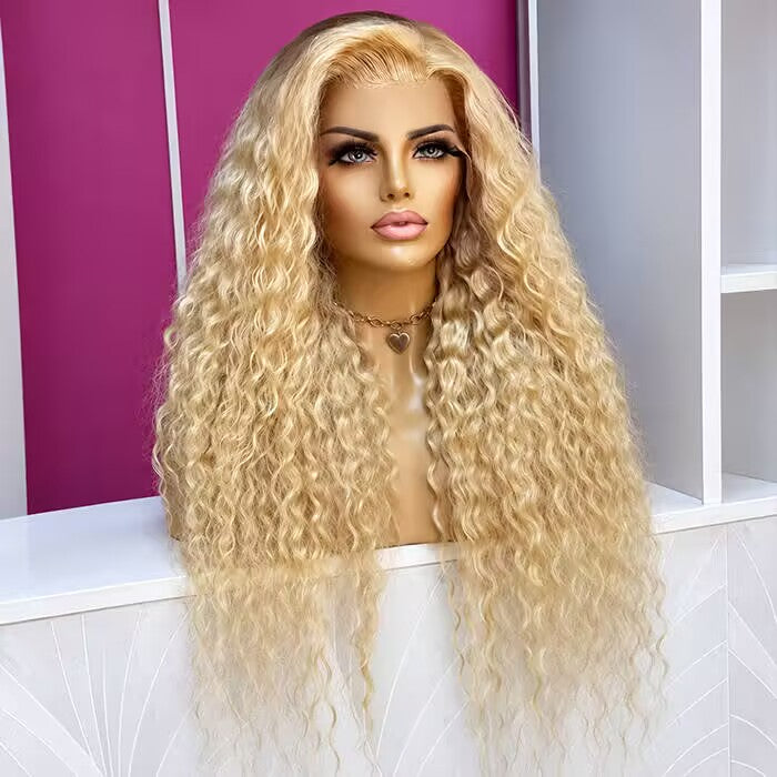 Honey Blonde Water Wave Frontal Wig with Natural Hairline Glueless Put on go® Human Hair Wig Pre Cut Lace