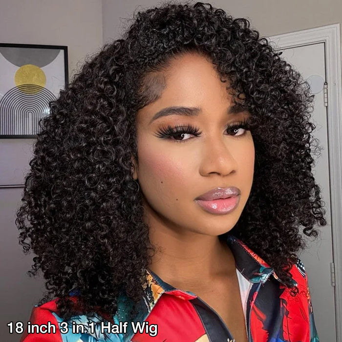 3 IN 1 Half Wig Kinky Curly Style Flip Over Quick Weave Glueless Install 100% Natural Hairline 220% Density