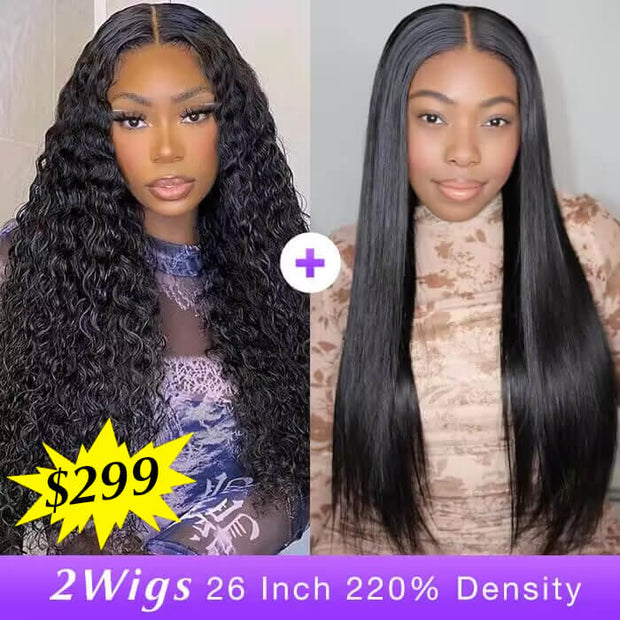 [2Wigs 26inch] Water Wave & Silky Straight Pre Cut & Pre Plucked & Bleached Ready to Go Wigs