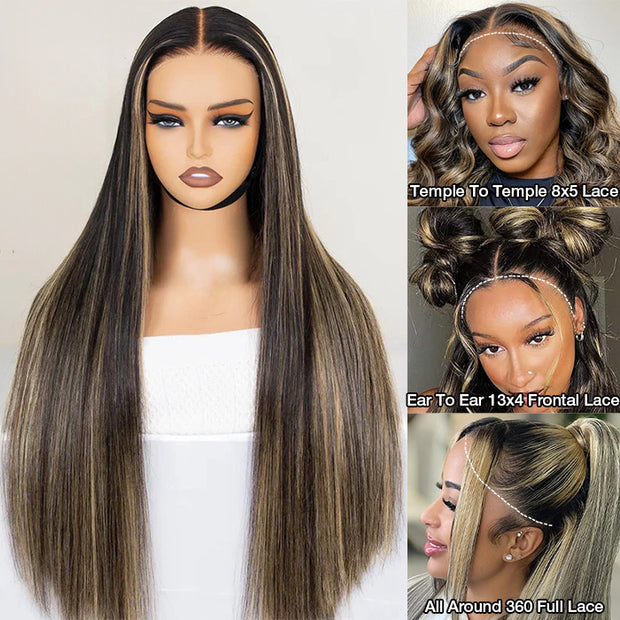 Put on go® Wigs Straight / Body Wave Blonde Highlight Glueless 8x5 Closure HD Lace Wig Pre-Cut Lace