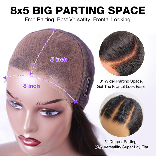 Glueless Yaki Straight Wig 8x5 Pre-Cut Lace Closure Human Hair Wigs With Pre Plucked Hairline