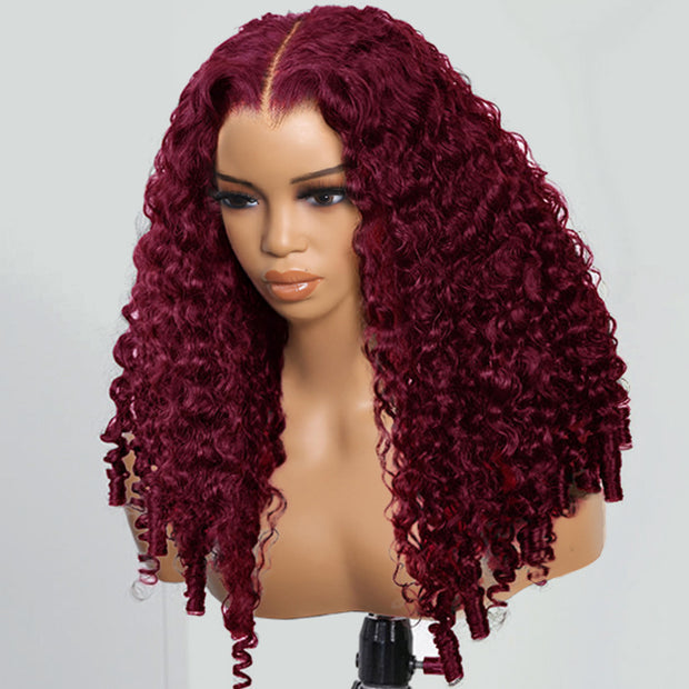 Burmese Curly Colored Wig with Finger Coil Ends Glueless 13x6 HD Lace Frontal Human Hair Wigs with Elastic Drawstring