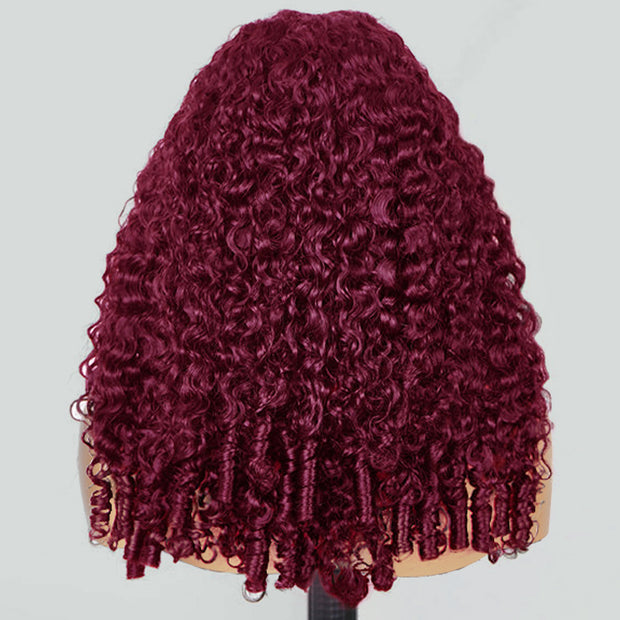 Burmese Curly Colored Wig with Finger Coil Ends Glueless 13x6 HD Lace Frontal Human Hair Wigs with Elastic Drawstring