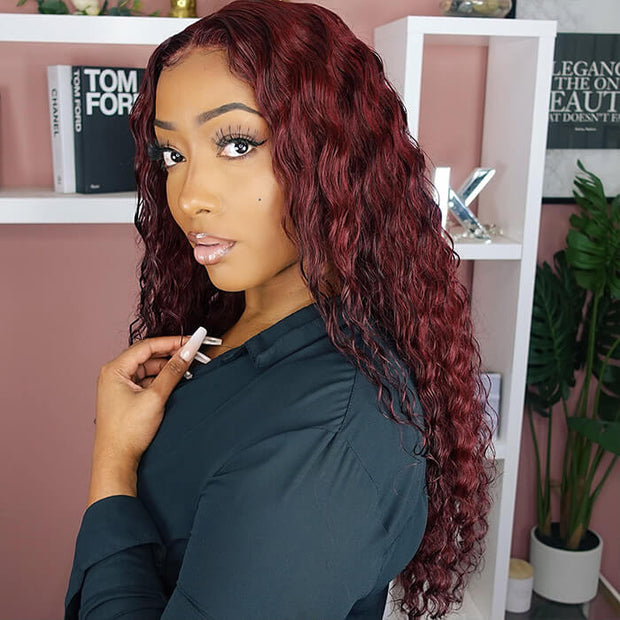 #99J Burgundy Wig Deep Wave Glueless Ready & Go Pre Cut Lace Closure Wig with Natural Hairline