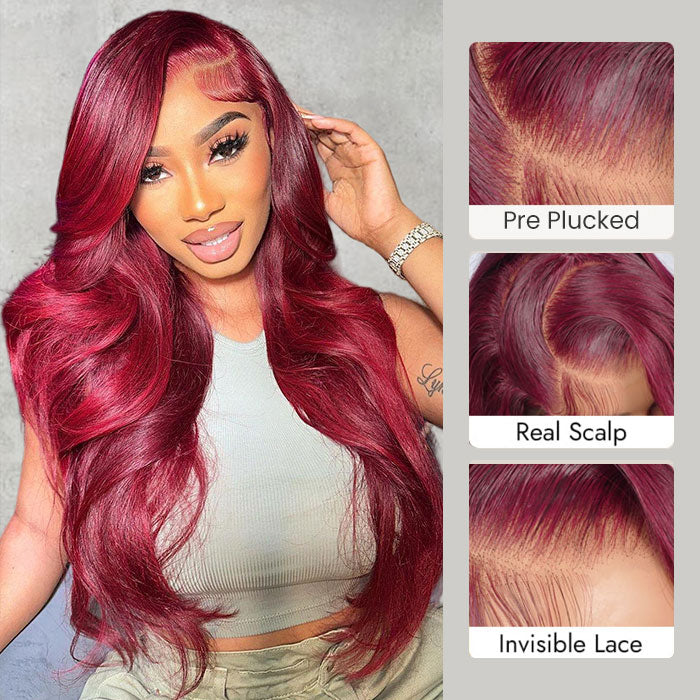 Body Wave Wig 99J Burgundy Color Ear-to-ear Glueless 13x6 Full Frontal HD Lace Wig with Drawstring Friendly To All Heads