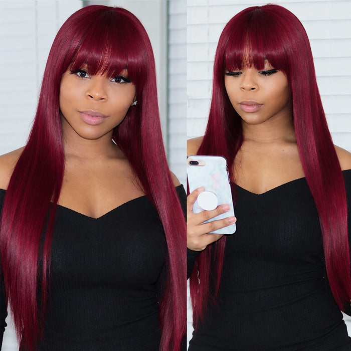 Burgundy 99J Silk Straight Human Hair Wig with Bangs Glueless Pre Cut 5x5 Lace Wig Fringe Style