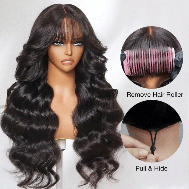 Natural Loose Body Wave Airy Curtain Bangs Human Hair Wigs Put on go® Glueless Wigs