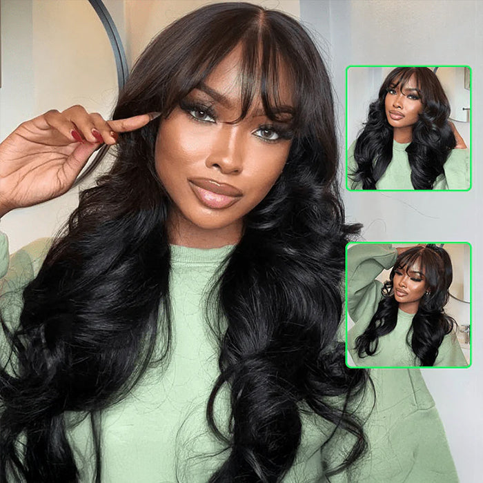 Natural Loose Body Wave Airy Curtain Bangs Human Hair Wigs Put on go® Glueless Wigs