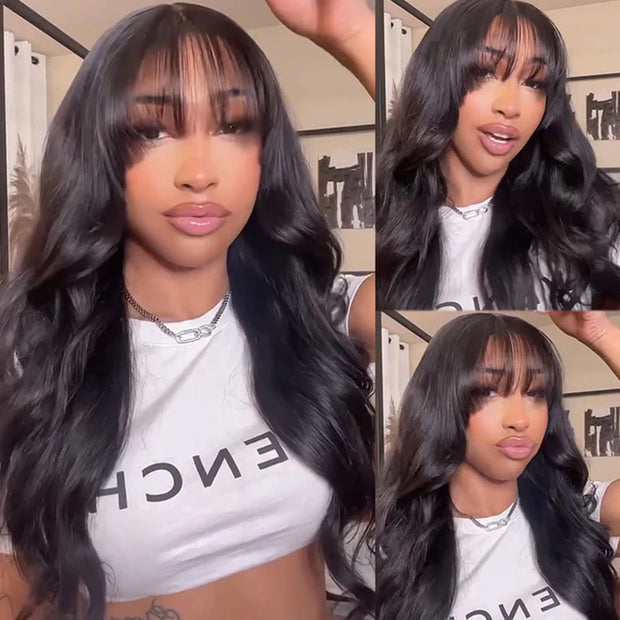 Natural Loose Body Wave Airy Curtain Bangs Human Hair Wigs Put on go® Glueless Wigs