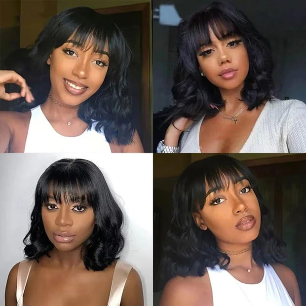 Natural Loose Body Wave Airy Curtain Bangs Human Hair Wigs Put on go® Glueless Wigs