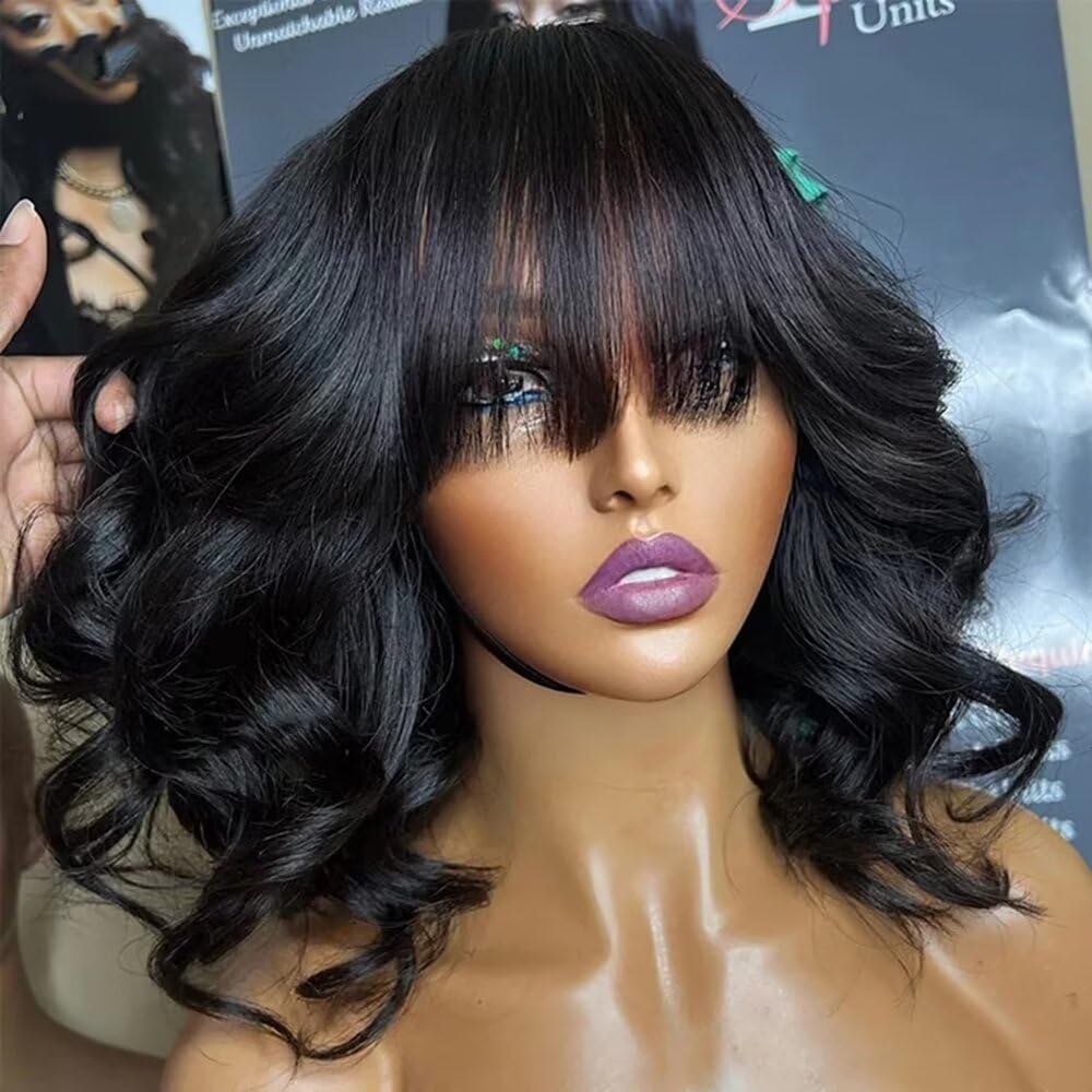 Natural Loose Body Wave Airy Curtain Bangs Human Hair Wigs Put on go® Glueless Wigs