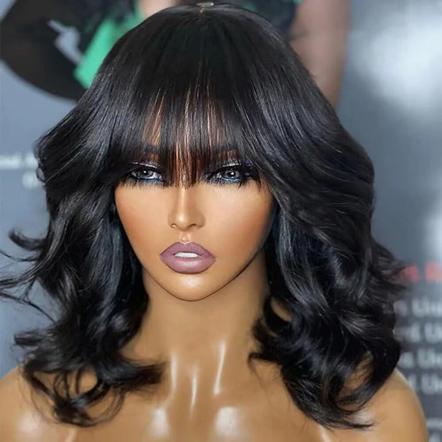 Natural Loose Body Wave Airy Curtain Bangs Human Hair Wigs Put on go® Glueless Wigs