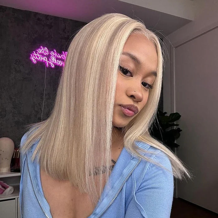 Glueless Ash Blonde Highlight Bob Wigs Realistic Hairline Beginner Friendly Pre Cut HD Lace Human Hair Wigs