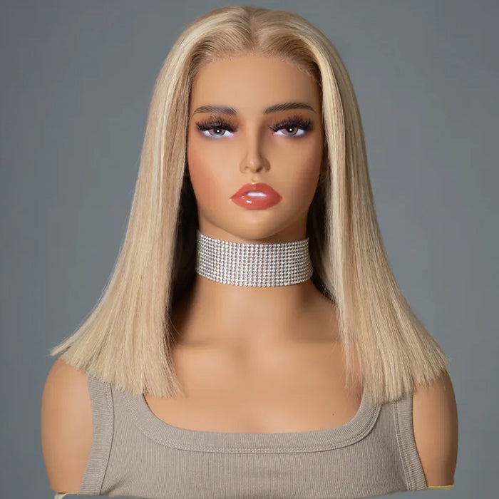 Glueless Ash Blonde Highlight Bob Wigs Realistic Hairline Beginner Friendly Pre Cut HD Lace Human Hair Wigs