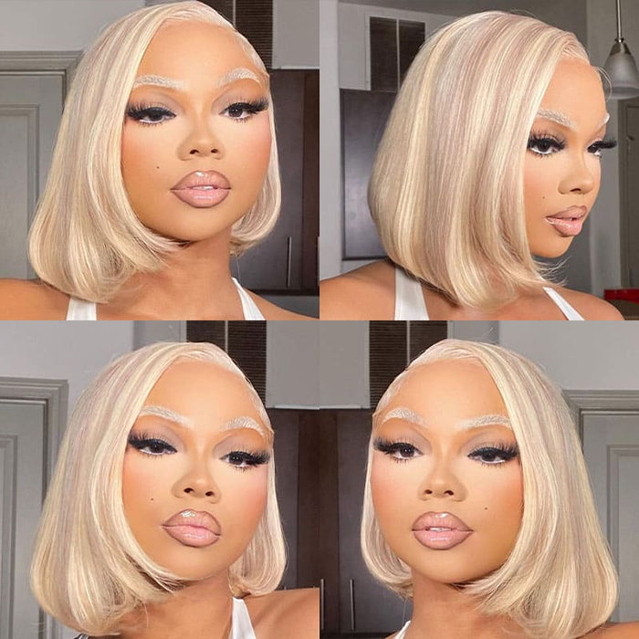 Glueless Ash Blonde Highlight Bob Wigs Realistic Hairline Beginner Friendly Pre Cut HD Lace Human Hair Wigs