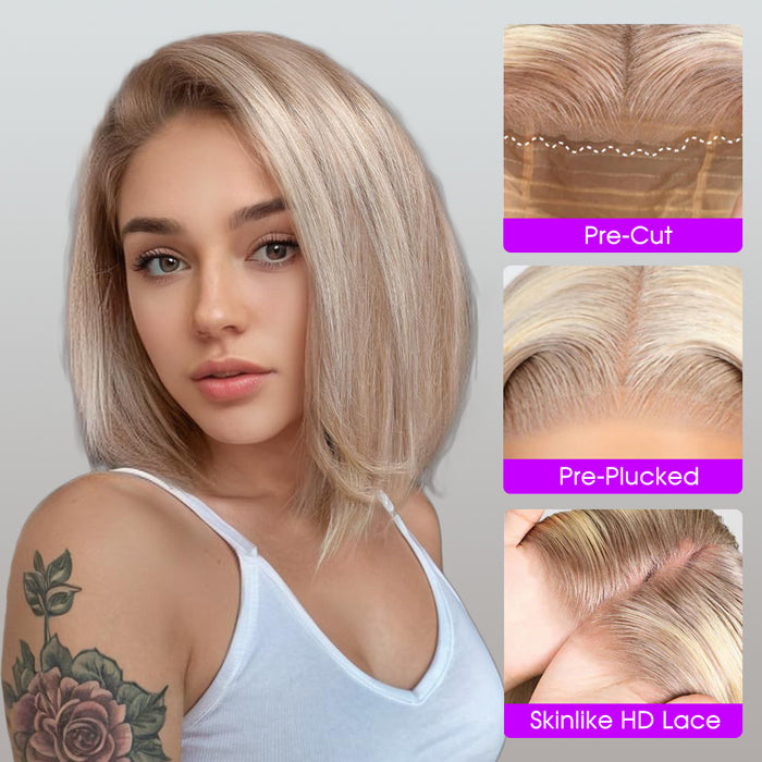 Glueless Ash Blonde Highlight Bob Wigs Realistic Hairline Beginner Friendly Pre Cut HD Lace Human Hair Wigs
