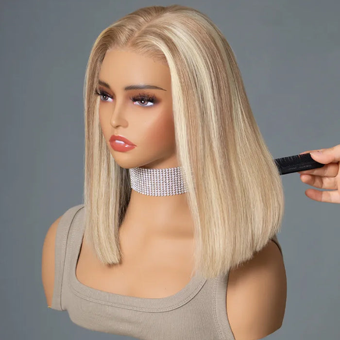 Glueless Ash Blonde Highlight Bob Wigs Realistic Hairline Beginner Friendly Pre Cut HD Lace Human Hair Wigs