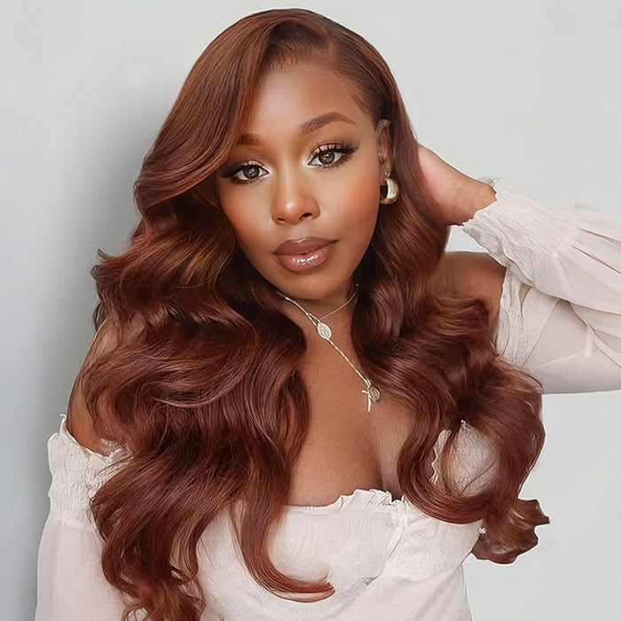 Glueless Body Wave Brown Auburn Colored Wig Drawstring HD Lace Human Hair Wigs with Pre-Plucked Hairline