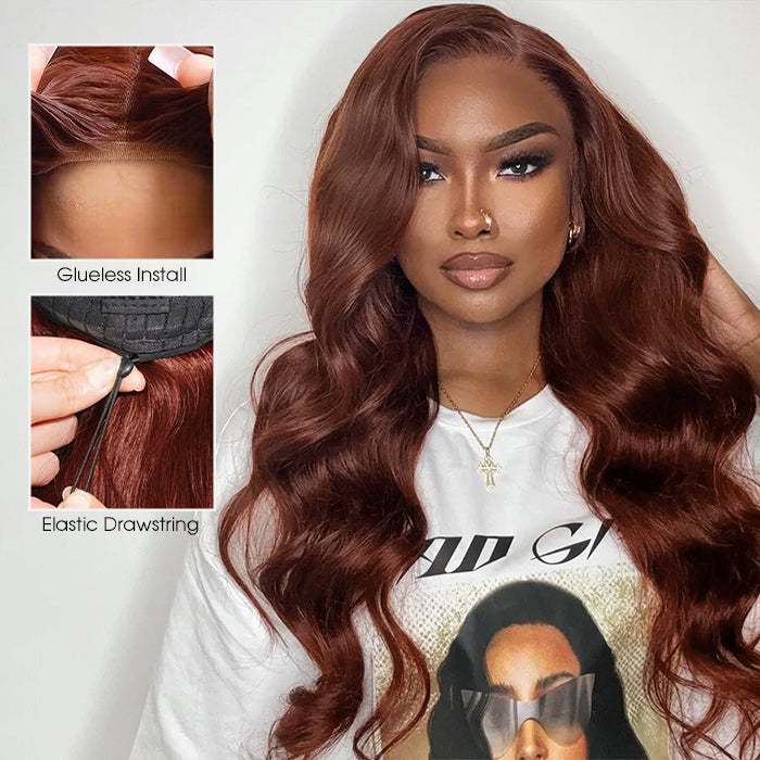 Glueless Body Wave Brown Auburn Colored Wig Drawstring HD Lace Human Hair Wigs with Pre-Plucked Hairline