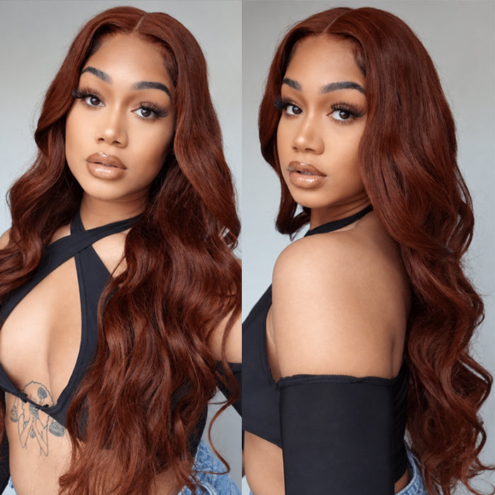Glueless Body Wave Brown Auburn Colored Wig Drawstring HD Lace Human Hair Wigs with Pre-Plucked Hairline