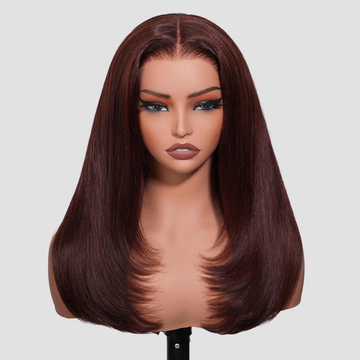 Middle Part Layered Straight Auburn Brown Hair Colored Lace Front Wigs 100% Human Hair 220% Density Pre-Cut Lace