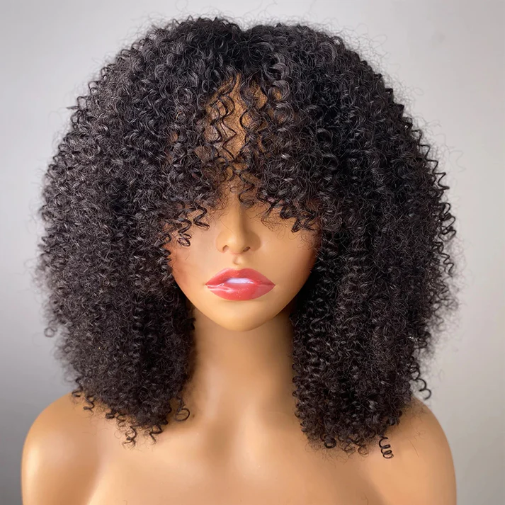 Glueless Kinky Curly Short Bob Wig With Bangs Top 2x4 HD Lace Human Hair Wigs Beginner Friendly