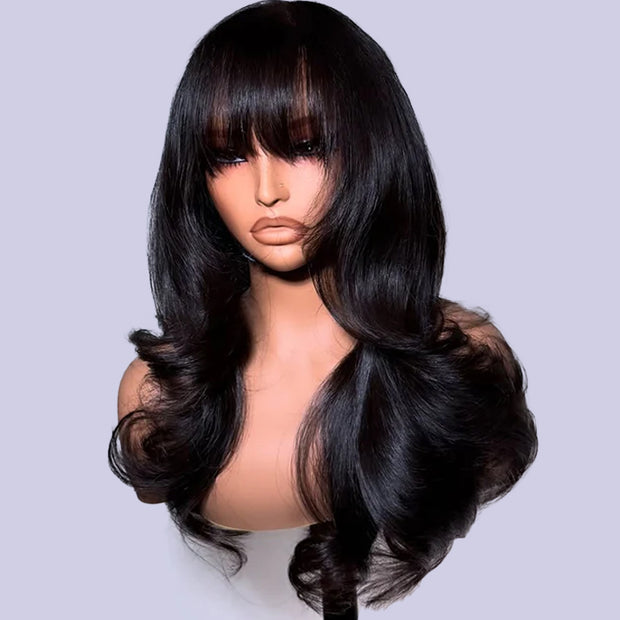 Body Wave Wig With Bangs Brazilian Remy Human Hair Wigs For Women Pre Cut Lace