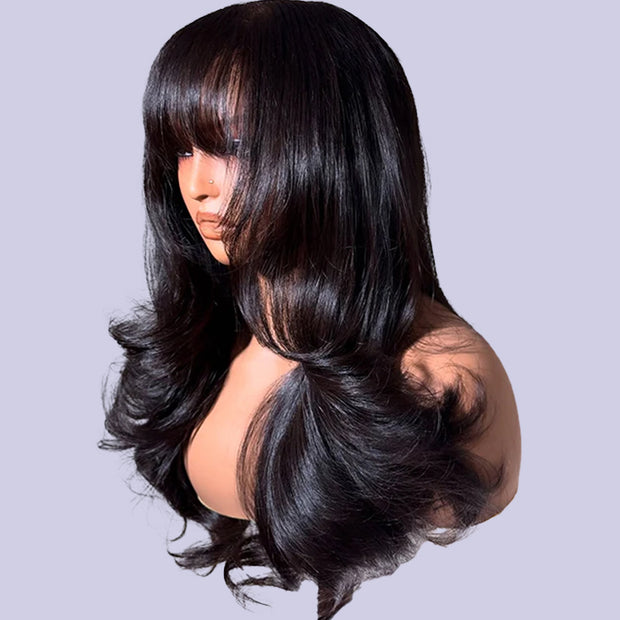 Body Wave Wig With Bangs Brazilian Remy Human Hair Wigs For Women Pre Cut Lace