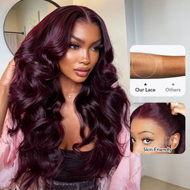 Dark Burgundy Body Wave Wig Glueless Human Hair Lace Frotnal Wigs Pre Cut HD Lace with Natural Hairline