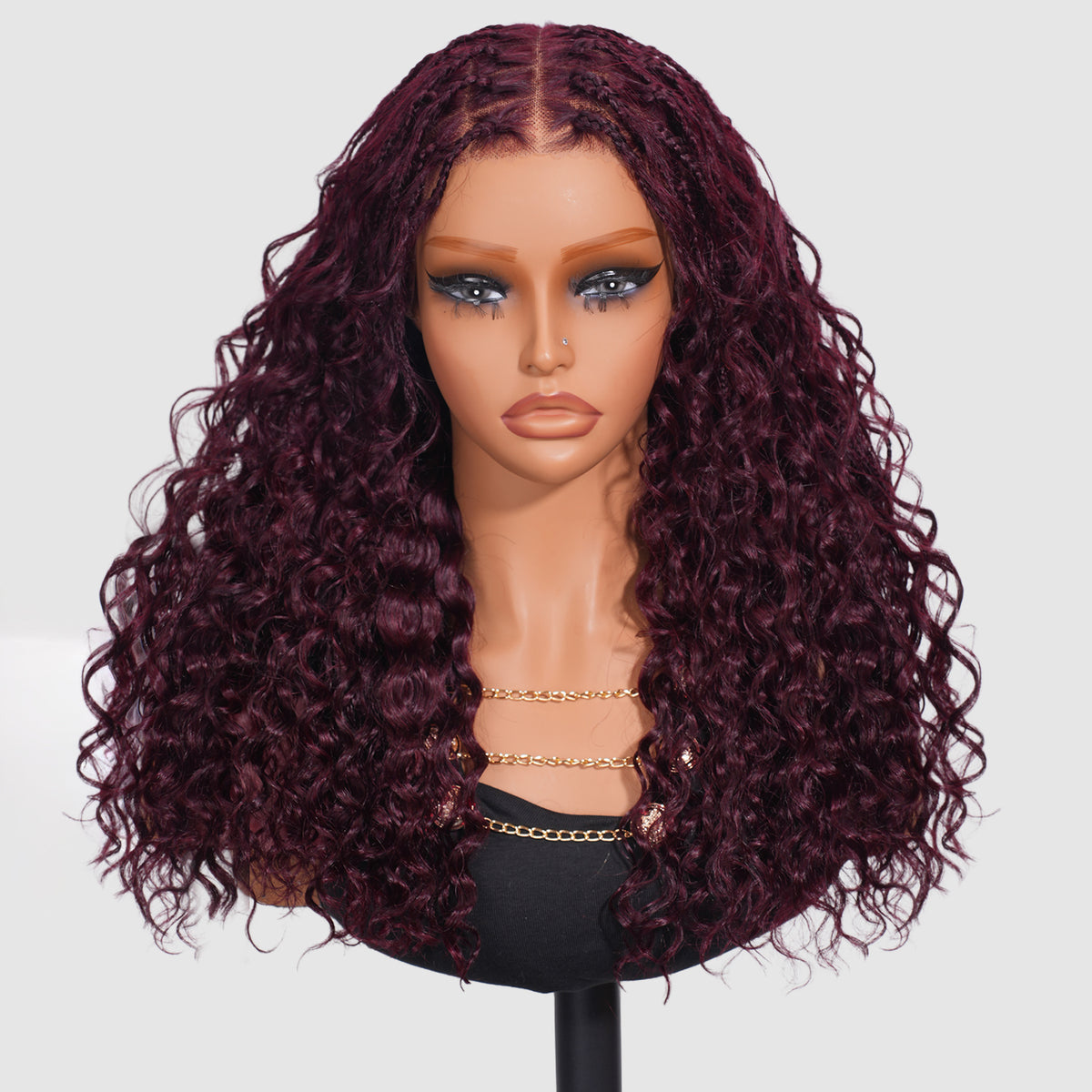 Boho Braided Water Wave Wigs Black Cherry Color Drawstring 13x6 Frontal HD Lace with Braided Human Hair Wig Pre-Cut Lace Glueless Wigs