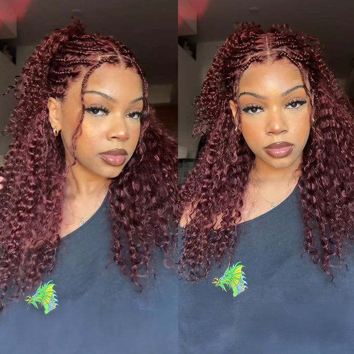 Knotless Boho Box Braided Curly Wig Glueless Pre Cut 13x6 Frontal HD Lace Drawstring Wig Human Hair Reddish Brown Color