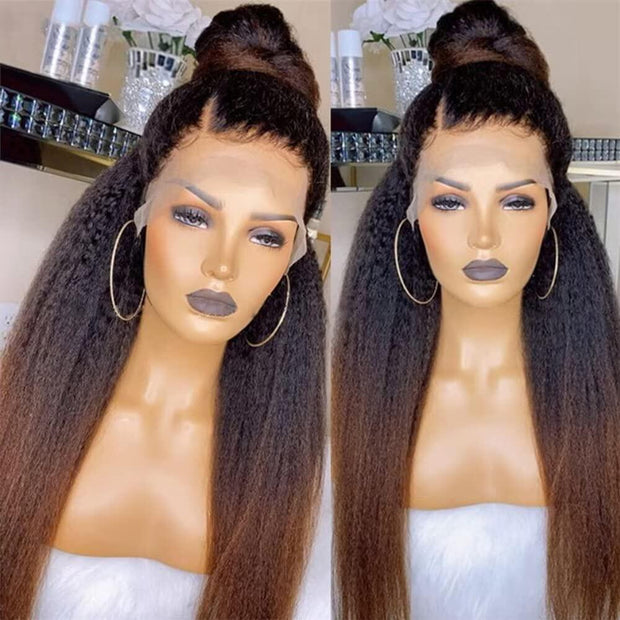 Black to Brown Ombre Kinky Straight 360 Skin Lace Frontal Invisi String Pre Everything Glueless Long Wig