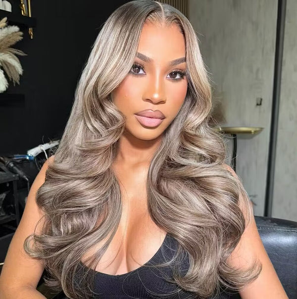 Body Wave Milk Tea Ash Blonde with Brown Highlights Lace Frontal Wig Glueless HD Lace Human Hair Pre-Cut Lace