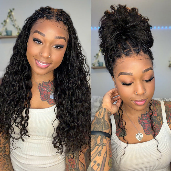 Knotless Boho Braided Wigs Water Wave Drawstring 13x6 Frontal HD Lace with Braided Human Hair Wig Pre-Cut Lace Glueless Wigs