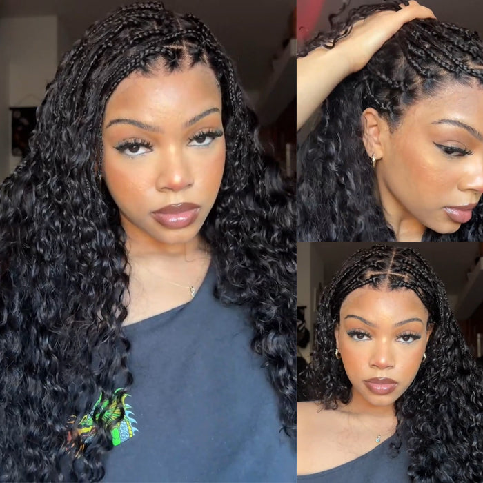 Glueless Knotless Boho Braided Wigs Water Wave Drawstring 13x6 Frontal HD Lace Human Hair Wigs with Braided Pre-Cut Lace
