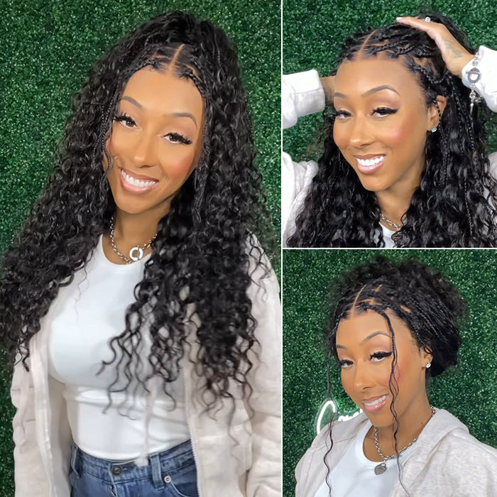 Glueless Knotless Boho Braided Wigs Water Wave Drawstring 13x6 Frontal HD Lace Human Hair Wigs with Braided Pre-Cut Lace