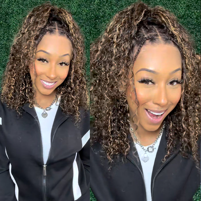 Highlight Boho Braided Curly Wigs for Black Women Pre Cut 13x6 Full HD Lace Frontal Wig Flexi Fit Drawstring Cap Human Hair Wig