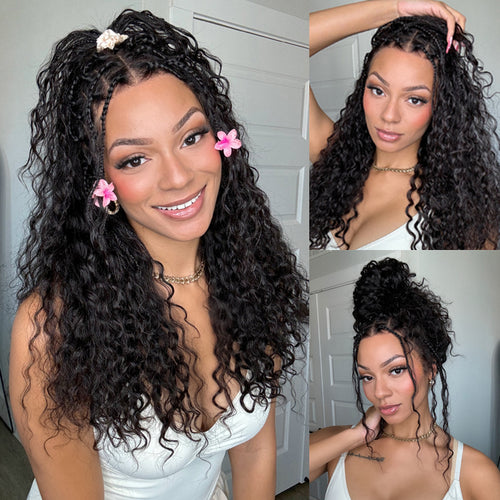[US 24H Ship] Knotless Boho Braids Pre Cut 13x6 Lace Wig Flexi Fit Drawstring Cap Water Wave Glueless Braided Wigs