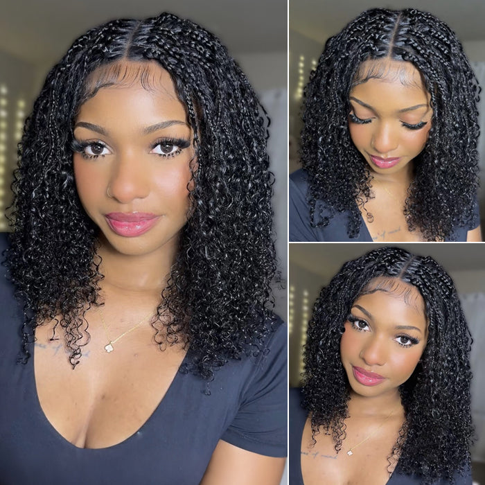 Short Boho Braided Curly Wigs for Black Women Pre Cut HD Lace Human Hair Glueless Wig Flexi Fit Drawstring Cap