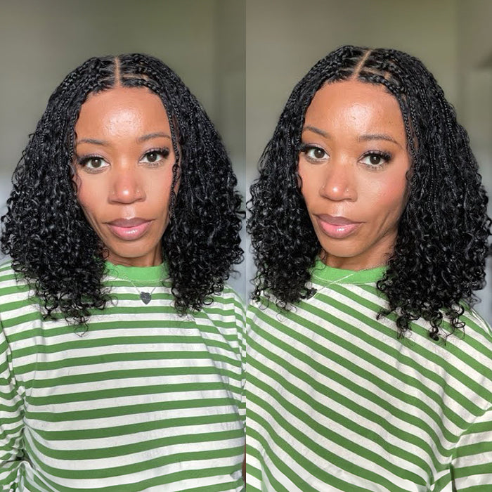 Short Boho Braided Curly Wigs for Black Women Pre Cut HD Lace Human Hair Glueless Wig Flexi Fit Drawstring Cap
