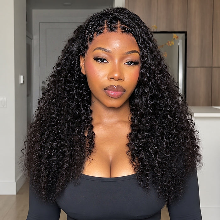 Knotless Boho Braided Curly Wigs Drawstring 13x6 Frontal HD Lace with Braided Human Hair Wig Pre-Cut Lace Glueless Wigs