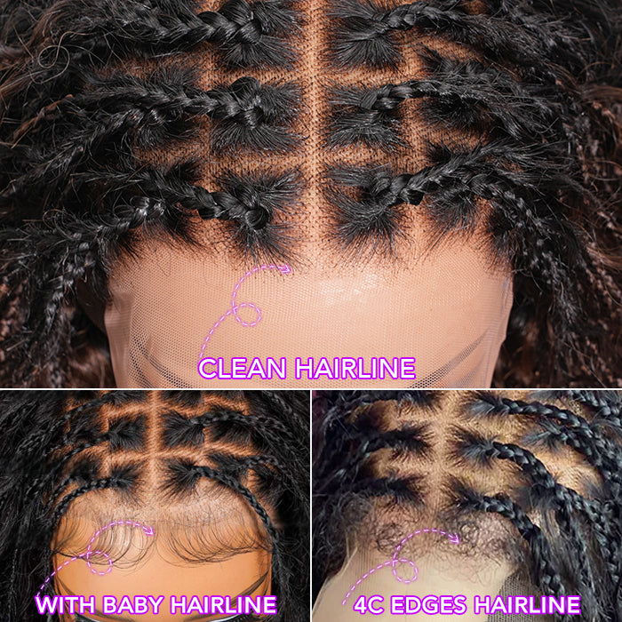 Glueless Knotless Boho Braided Wigs Water Wave Drawstring 13x6 Frontal HD Lace Human Hair Wigs with Braided Pre-Cut Lace