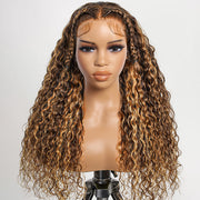 Pre Styled Butterfly Braids Wig Ombre Highlight Brown Color Water Wave 13x6 HD Lace Frontal Human Hair Wigs