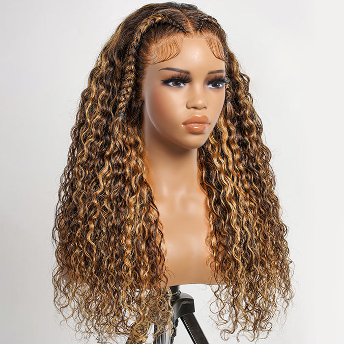 Pre Styled Butterfly Braids Wig Ombre Highlight Brown Color Water Wave 13x6 HD Lace Frontal Human Hair Wigs